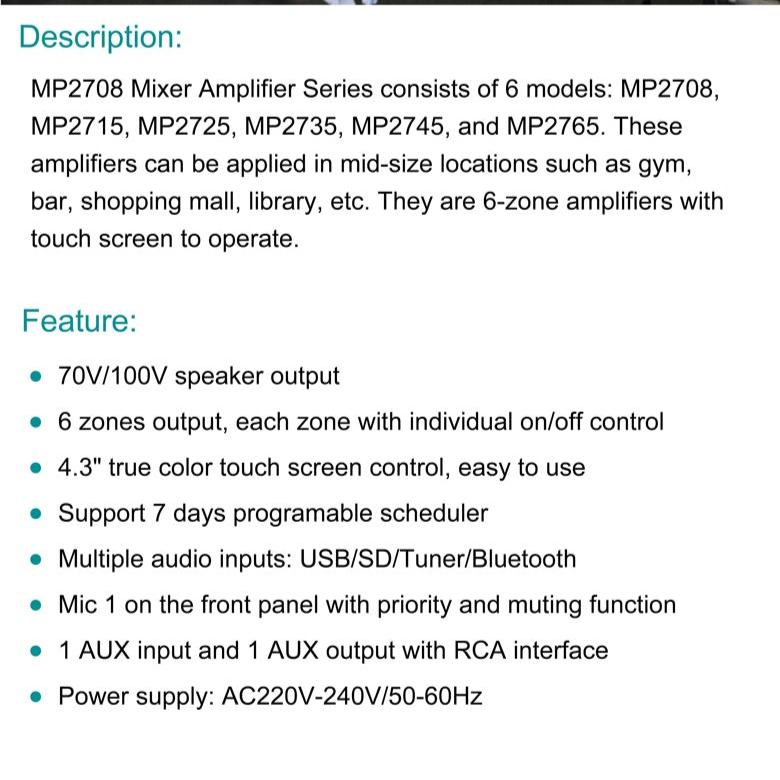 DSPPA 650W 6 Zones Mixer Amplifier -MP2765