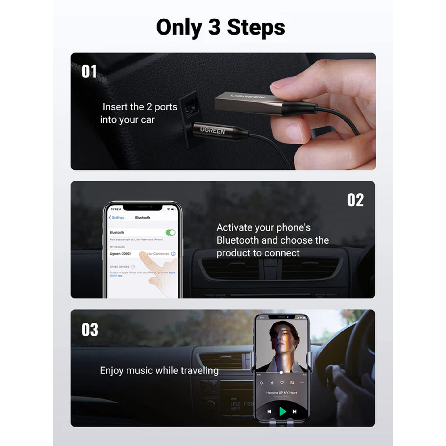 UGREEN Car Bluetooth 5.0 Receiver Audio Adapter Black(5.0) / 70601 متجر نصر