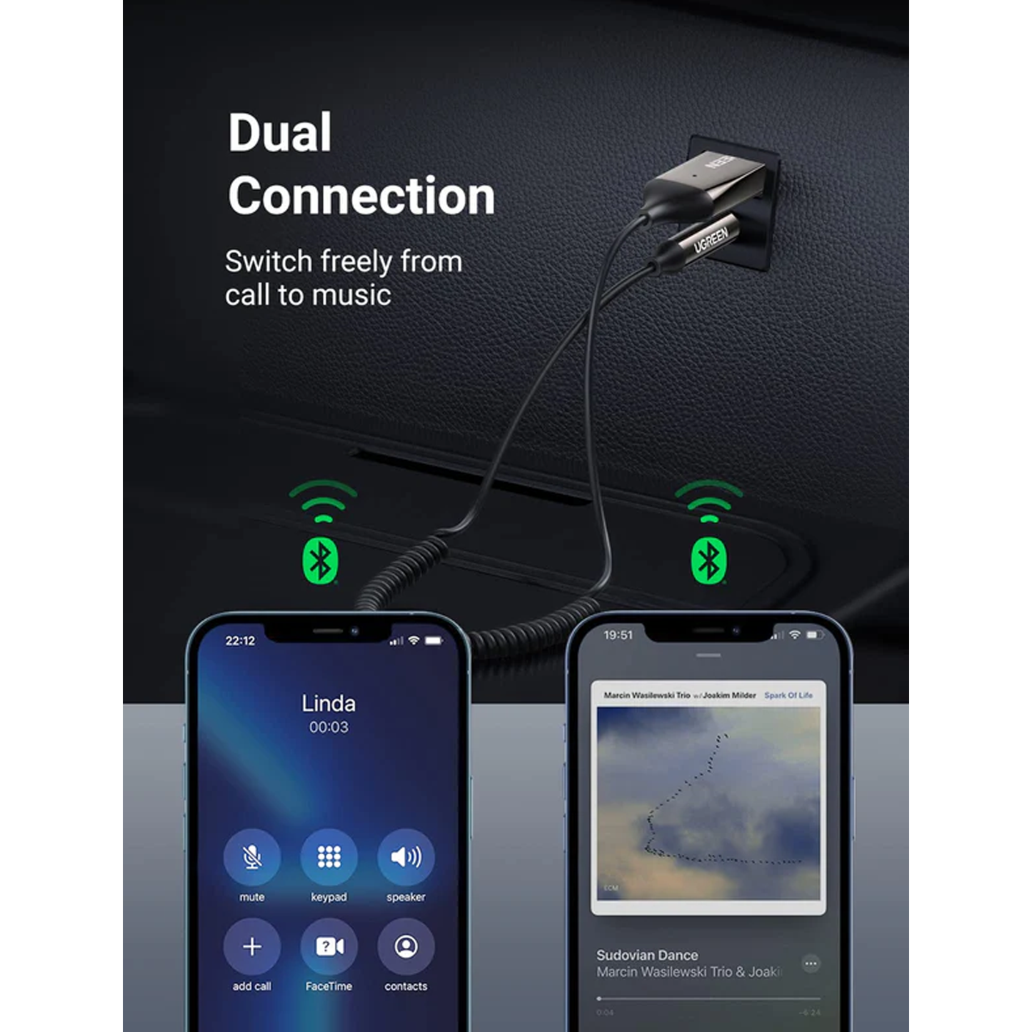 UGREEN Car Bluetooth 5.0 Receiver Audio Adapter Black(5.0) / 70601 متجر نصر