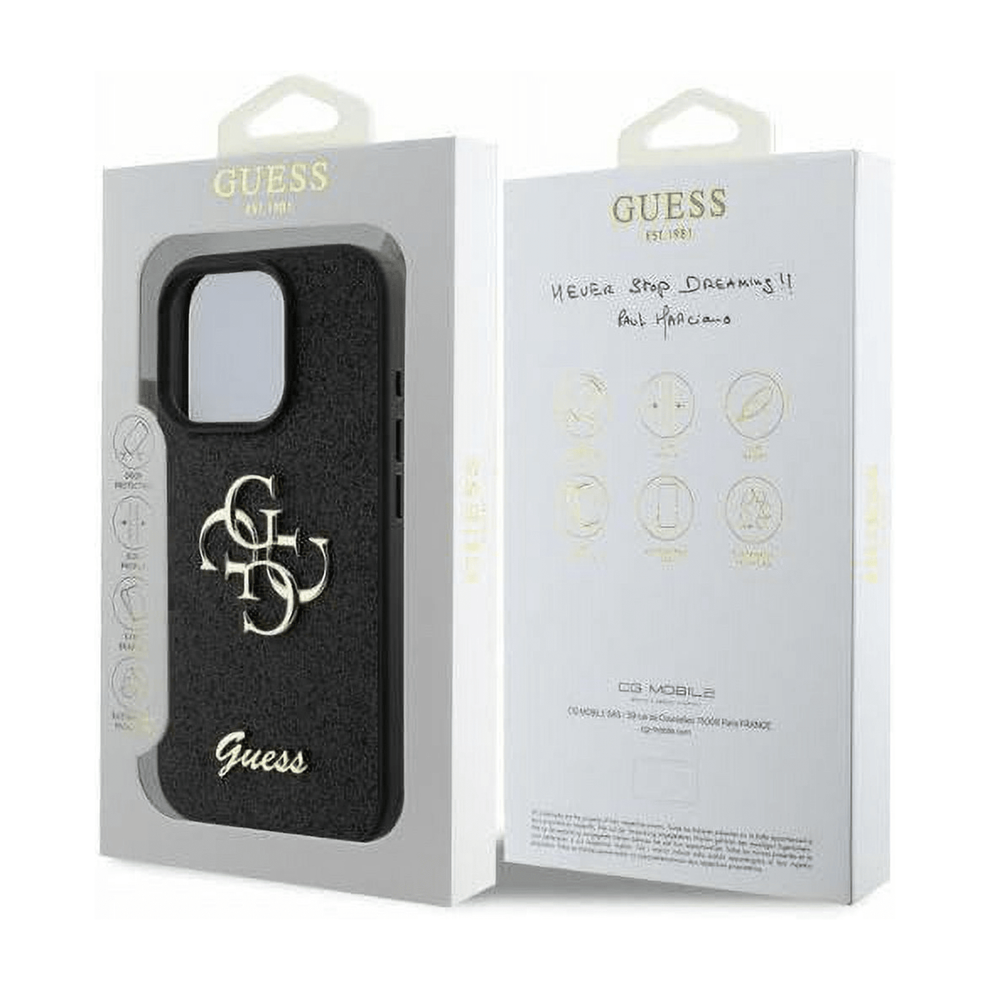 جراب Guess PU Fixed Glitter 4G بشعار معدني | ايفون 16 برو ماكس | متعدد الألوان - متجر نصر