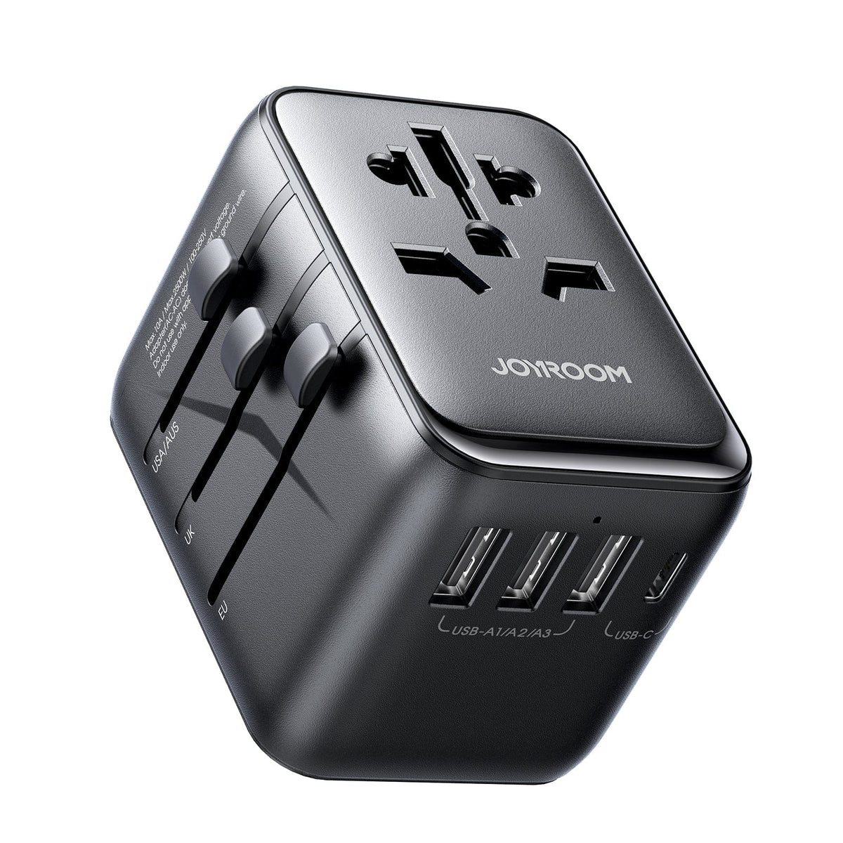 JOYROOM-C 17W Universal Travel Adapter, 3 USB-A + 1 USB-C + AC Socket, US/UK/EU/AU Plugs Black | JR-TCW01 - متجر نصر