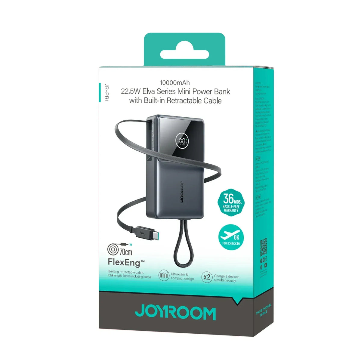 JOYROOM-C Elva 10000mAh 22.5W Power Bank with 70cm Retractable USB-C Cable & LED Display Black | JR-PR1 - متجر نصر