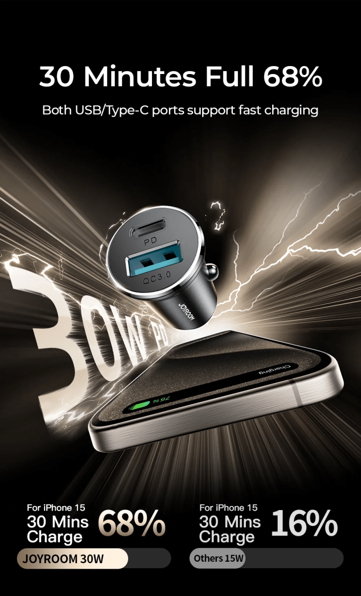 JoyRoom 30W USB A + USB C mini Metal Car Charger JR-CCN05  - متجر نصر