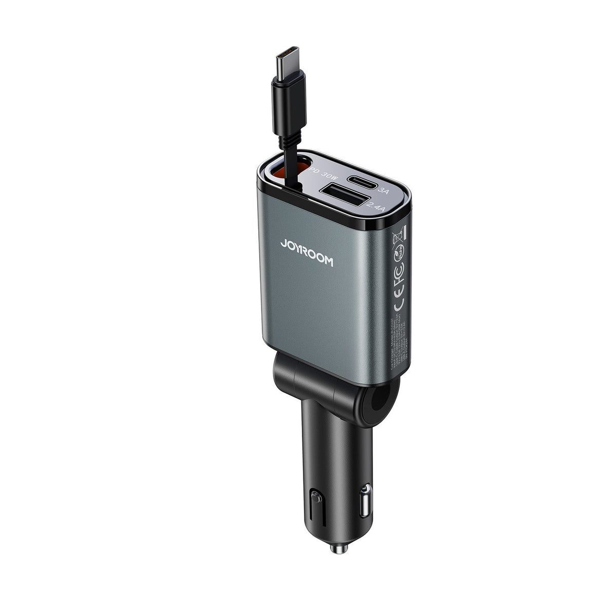 JOYROOM® 3-in-1 Car Charger with 80cm Retractable USB-C Cable, Extra USB-C and USB-A Ports, PD3.0, QC4+, PPS Dark Grey | JR-CCL07 Need check - متجر نصر