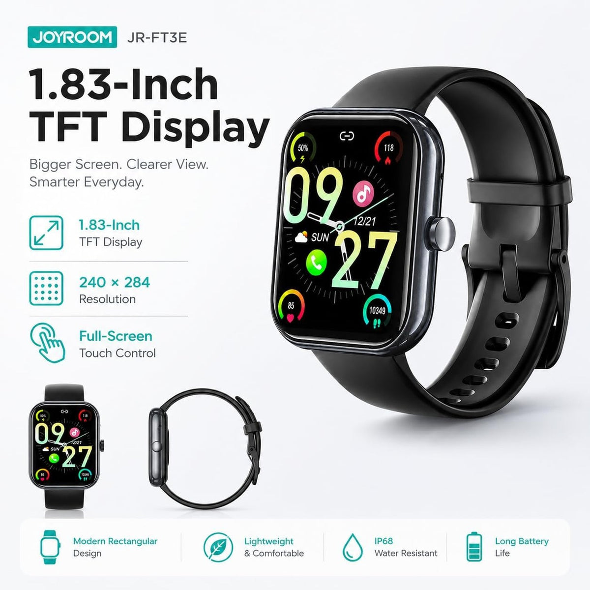 ساعة JOYROOM Fit-life الذكية مع خاصية الاتصال عبر Bluetooth، شاشة TFT مقاس 1.83"، Bluetooth 5.4، IP68، بطارية تدوم 5-8 أيام | JR-FT3E - متجر نصر