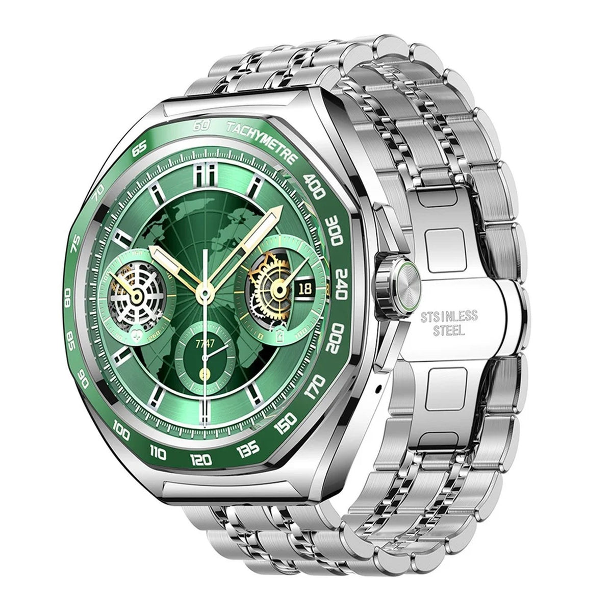 JOYROOM® Venture Bluetooth Calling Smart Watch, 1.43" AMOLED, Ceramic Bezel, Stainless Steel Bracelet + Silicone Strap, 5ATM, 18-20 Days Battery Green | JR-FV2 Pro - متجر نصر