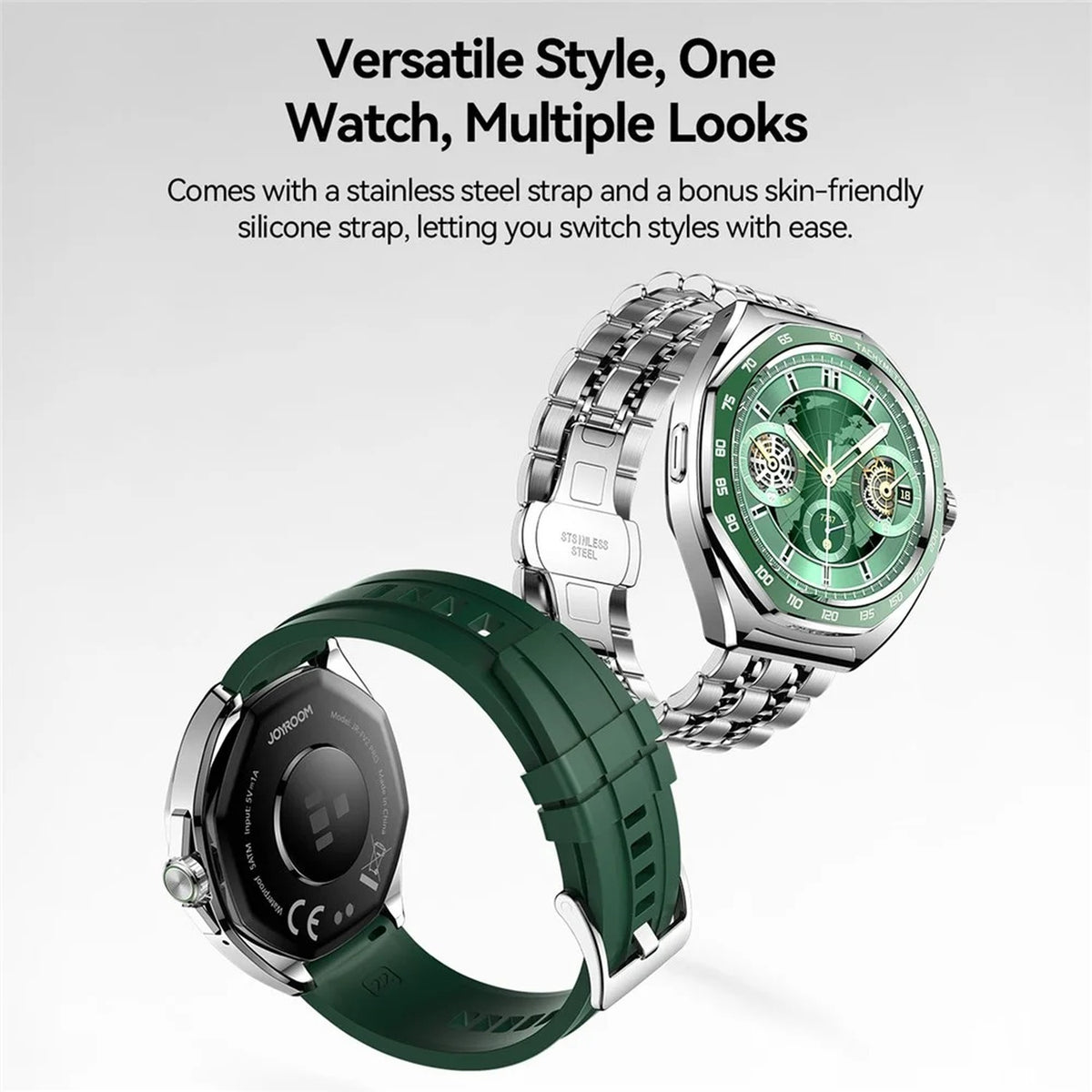 JOYROOM® Venture Bluetooth Calling Smart Watch, 1.43" AMOLED, Ceramic Bezel, Stainless Steel Bracelet + Silicone Strap, 5ATM, 18-20 Days Battery Green | JR-FV2 Pro - متجر نصر