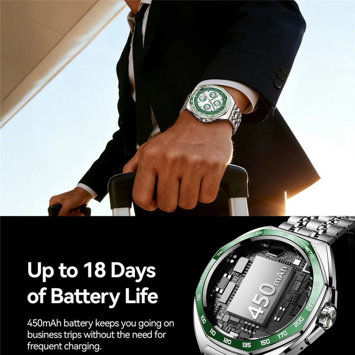 JOYROOM® Venture Bluetooth Calling Smart Watch, 1.43" AMOLED, Ceramic Bezel, Stainless Steel Bracelet + Silicone Strap, 5ATM, 18-20 Days Battery Green | JR-FV2 Pro - متجر نصر