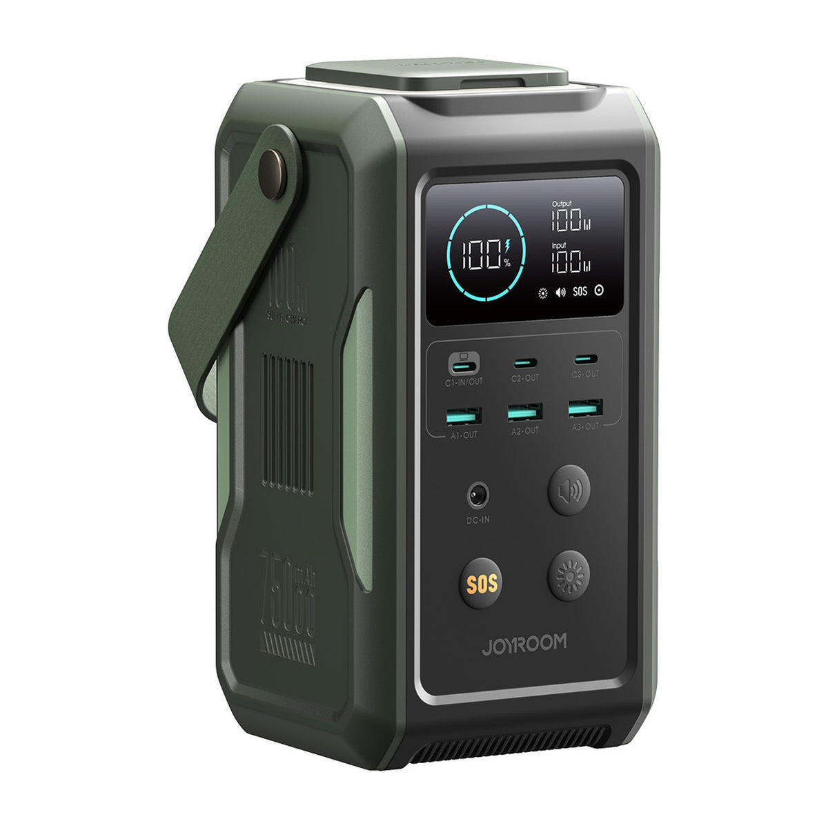 JOYROOM® 100W Super Capacity Power Bank 75000mAh (240Wh), 3x USB-C + 3x USB-A, Retractable Camping Light, SOS, Digital Display Olive Green | JR-PBF10 - متجر نصر