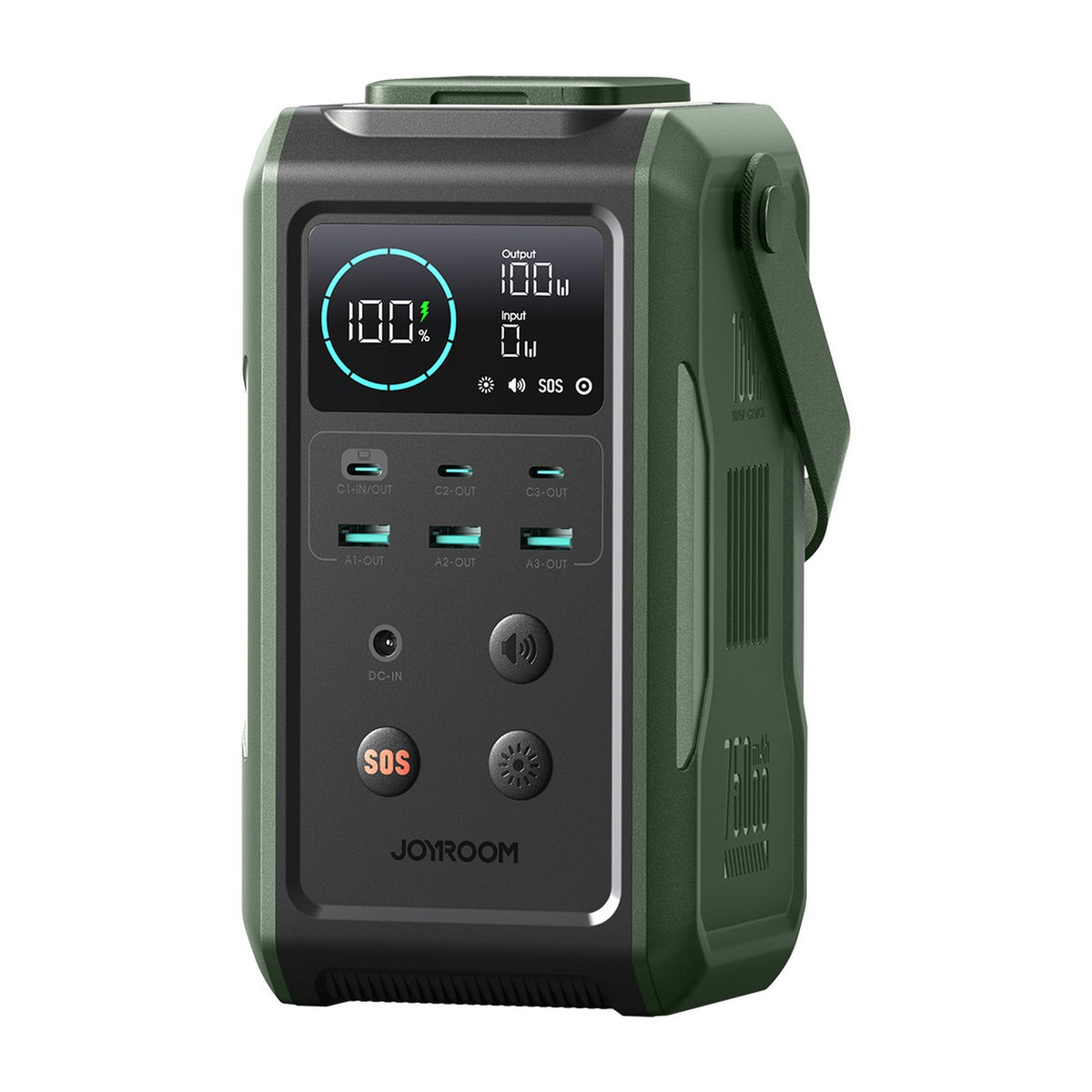 JOYROOM® 100W Super Capacity Power Bank 75000mAh (240Wh), 3x USB-C + 3x USB-A, Retractable Camping Light, SOS, Digital Display Olive Green | JR-PBF10 - متجر نصر