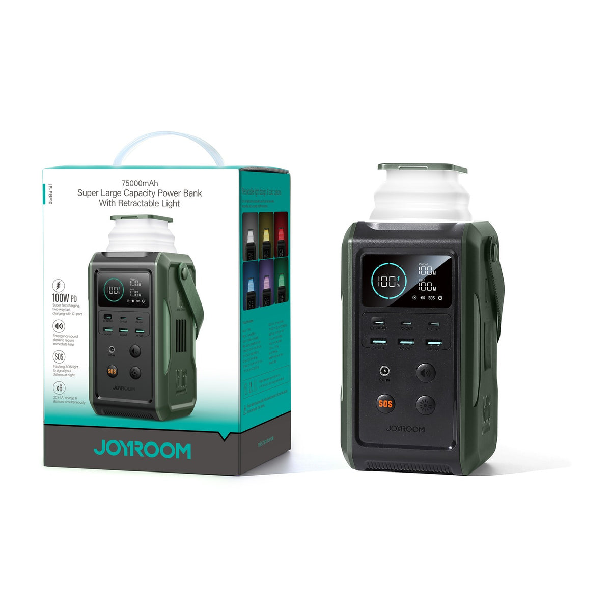 JOYROOM® 100W Super Capacity Power Bank 75000mAh (240Wh), 3x USB-C + 3x USB-A, Retractable Camping Light, SOS, Digital Display Olive Green | JR-PBF10 - متجر نصر