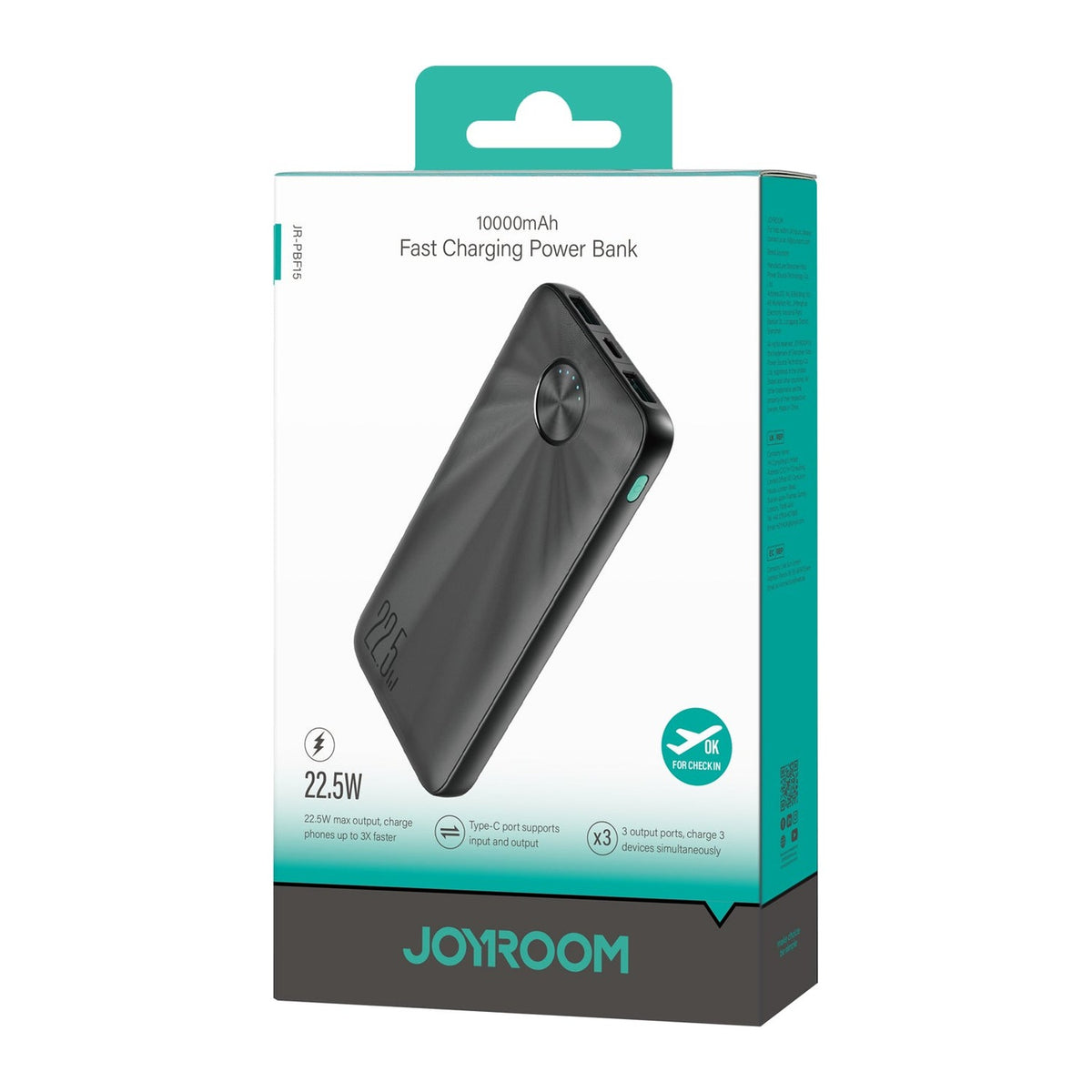 باور بانك JOYROOM بشحن سريع 22.5W بسعة 10000mAh، منفذان USB-A + منفذ USB-C للإدخال/الإخراج، مؤشر LED، أسود | JR-PBF15 - متجر نصر