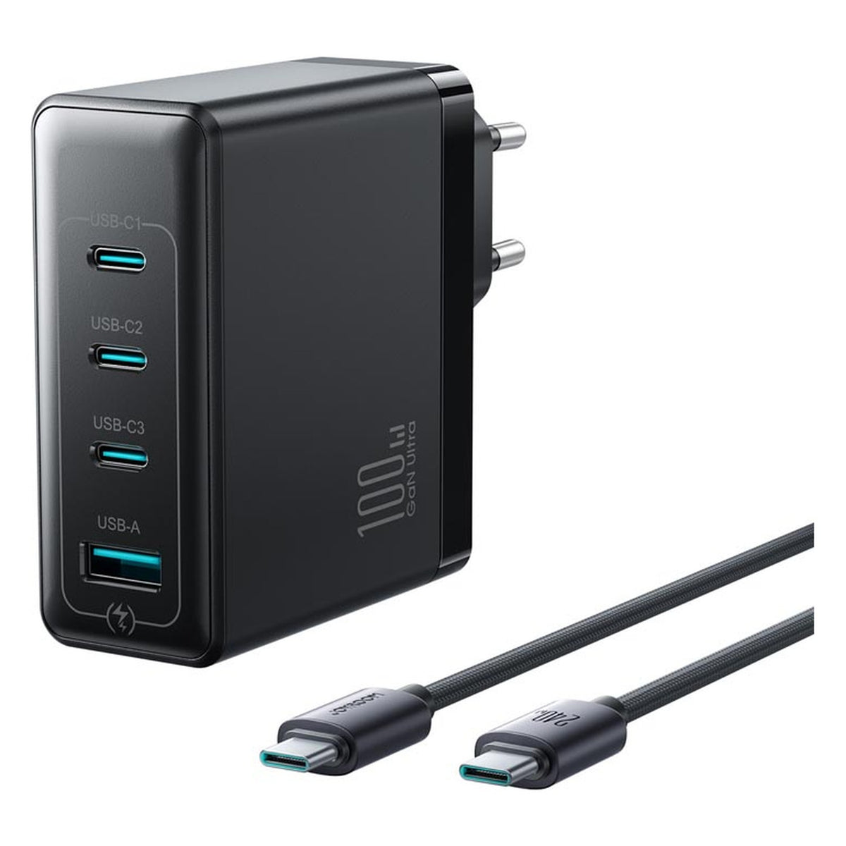 طقم شاحن JOYROOM GaN سريع 100W بأربعة منافذ، 3x USB-C + 1x USB-A، قابس أوروبي EU، مع كيبل USB-C بطول 2m بقدرة 240W، أسود | JR-TG11 - متجر نصر