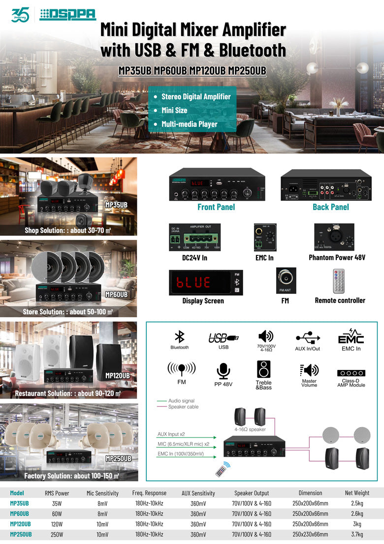 DSPP 250W Mini Digital Mixer Amplifier with USB & Bluetooth