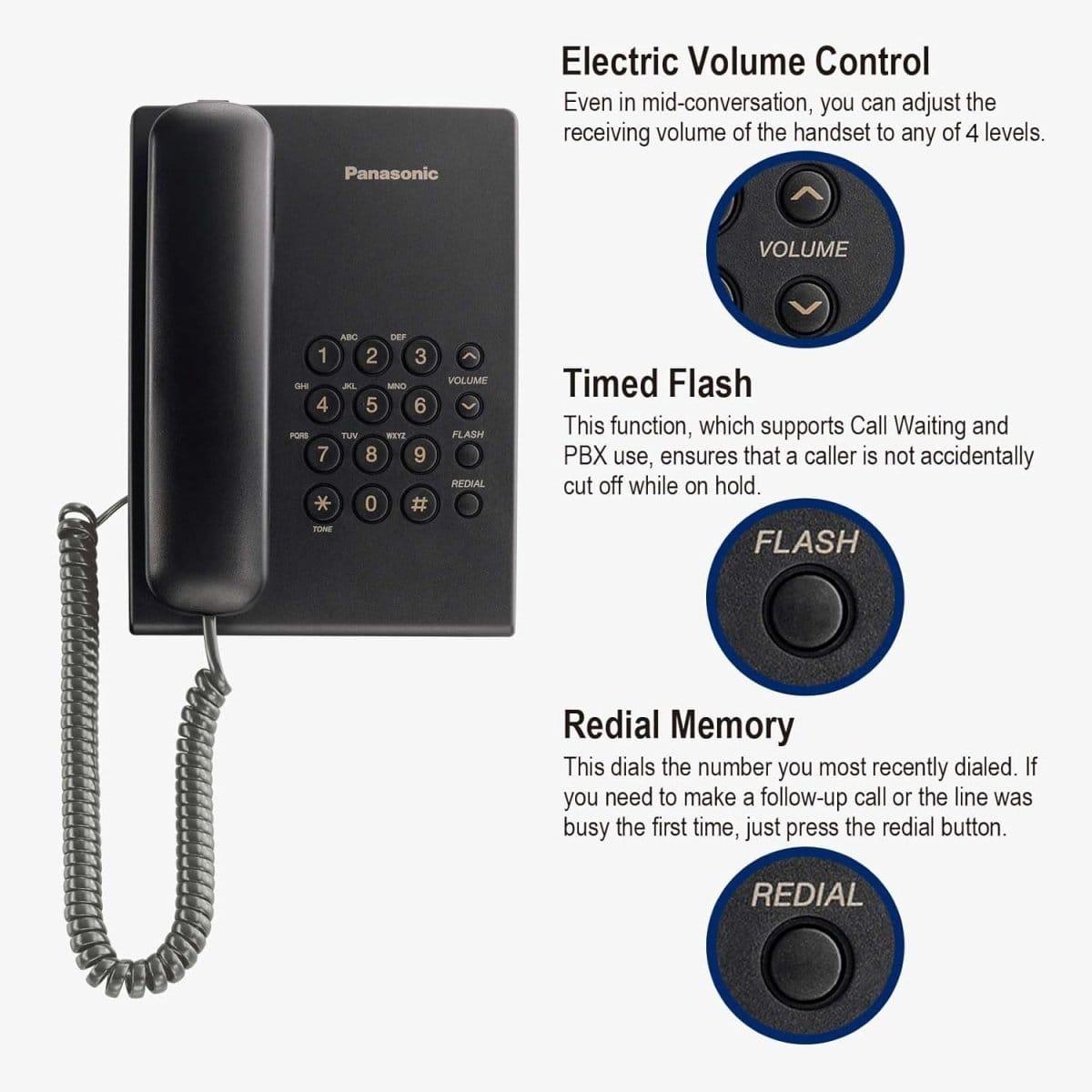 Panasonic KX-TS500FX Integrated Corded Telephone, Black - متجر نصر