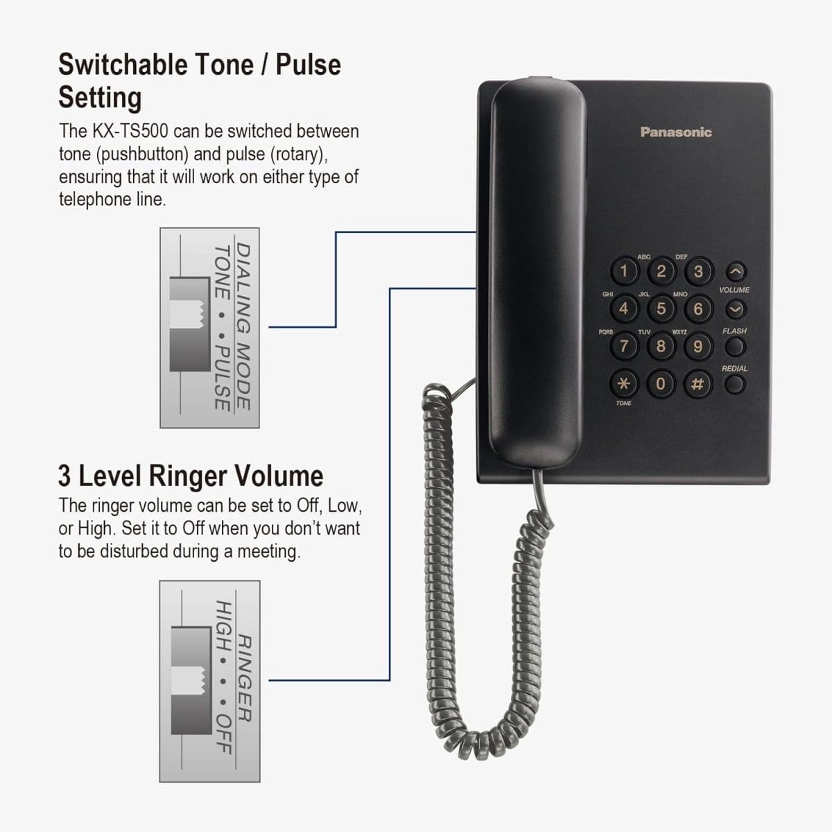 Panasonic KX-TS500FX Integrated Corded Telephone, Black - متجر نصر