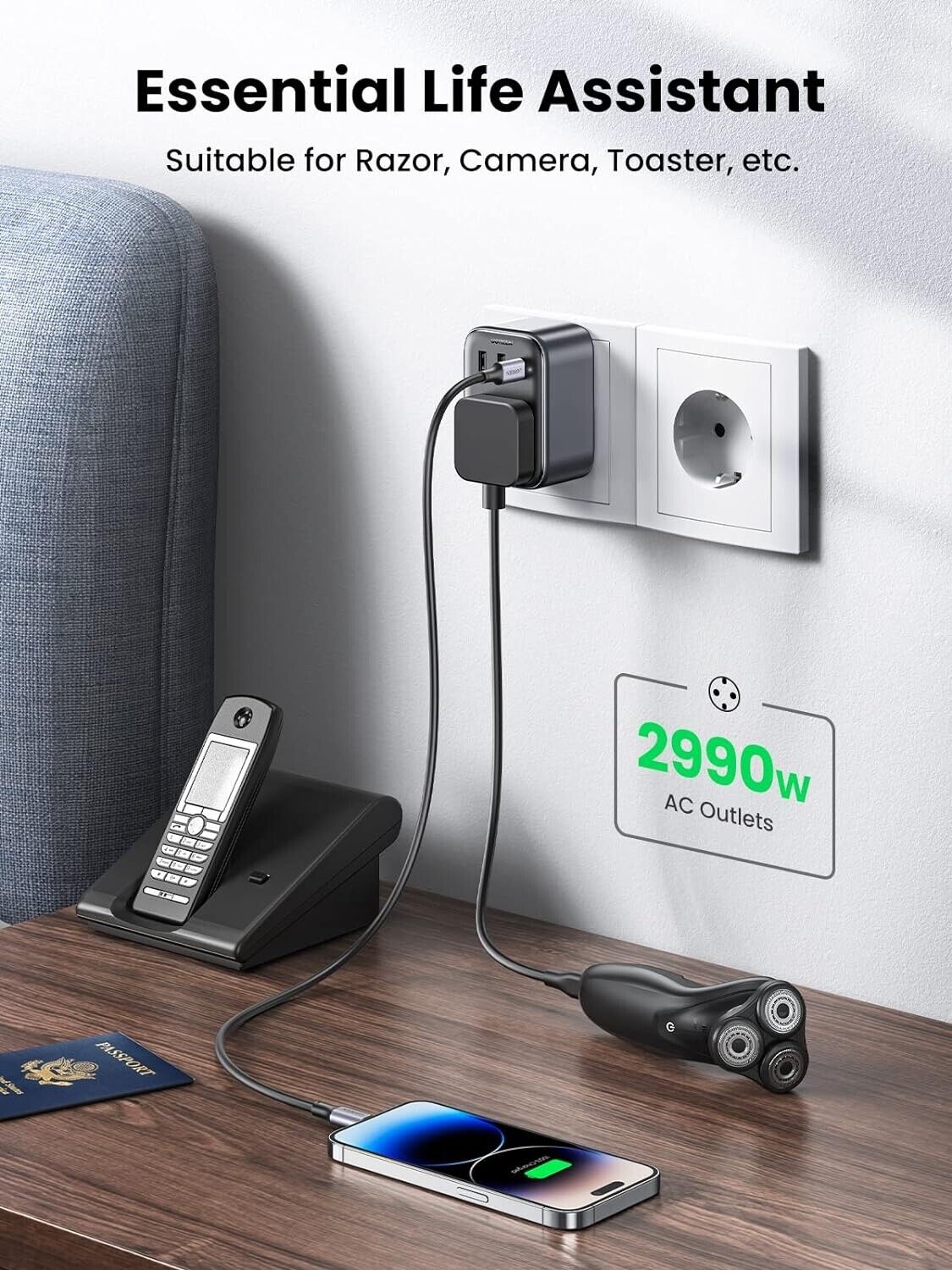 UGREEN - Outlet Extender Converter (1 AC Outlets+ 30W 2A1C) UK Socket and EU Plug / 15290