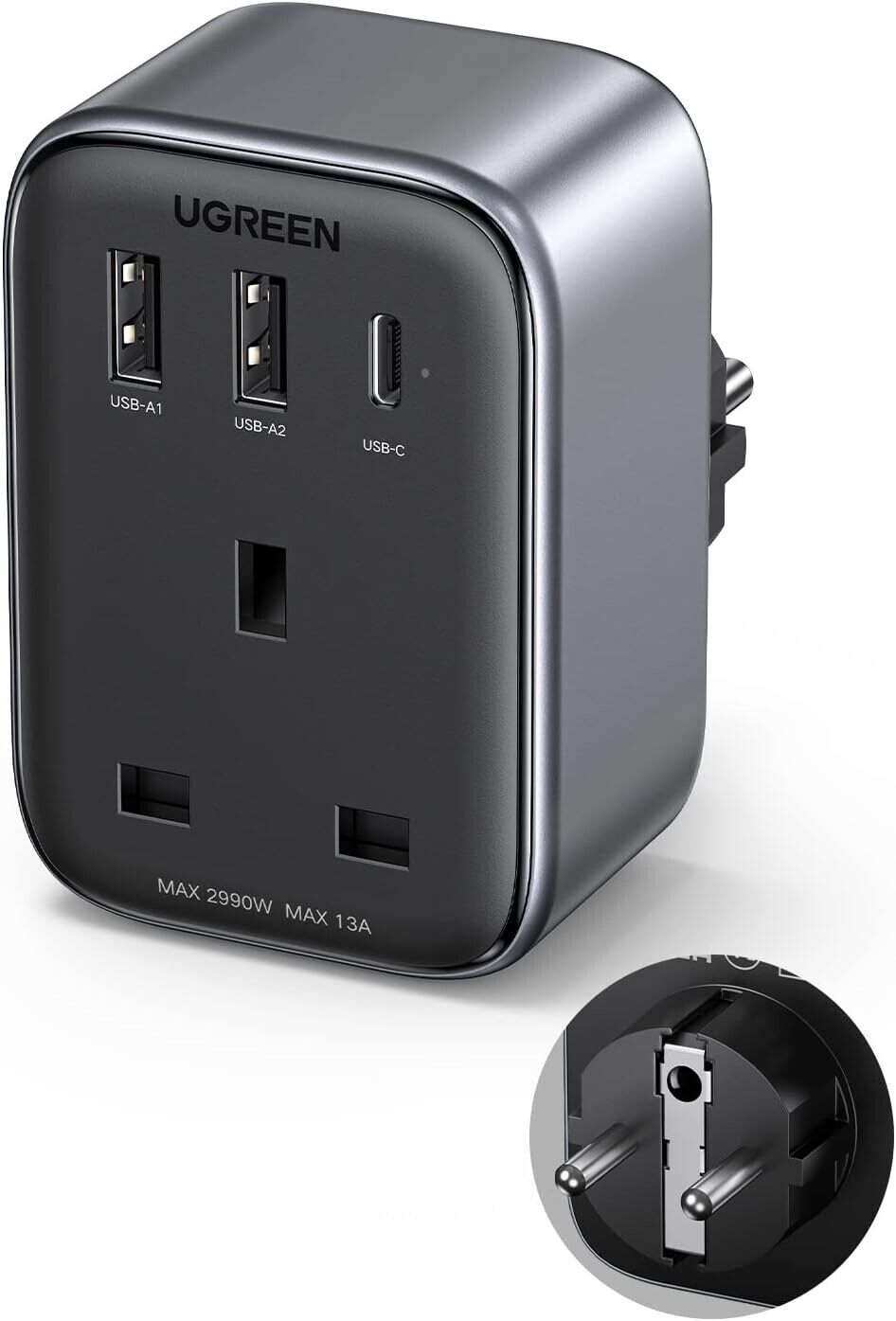 UGREEN - Outlet Extender Converter (1 AC Outlets+ 30W 2A1C) UK Socket and EU Plug / 15290