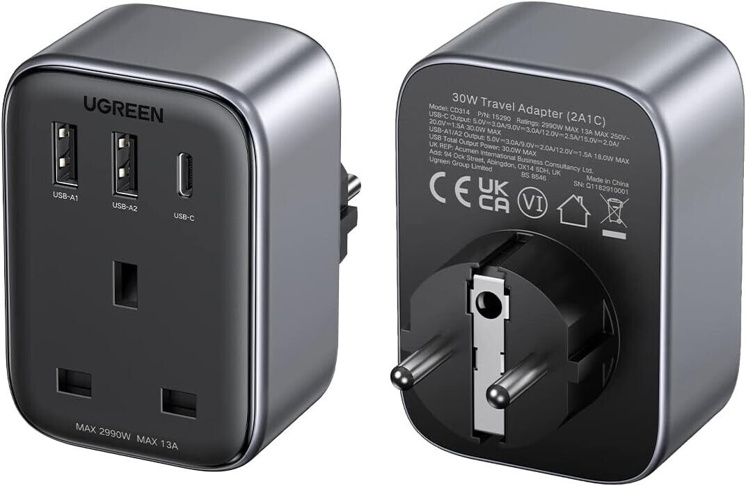 UGREEN - Outlet Extender Converter (1 AC Outlets+ 30W 2A1C) UK Socket and EU Plug / 15290