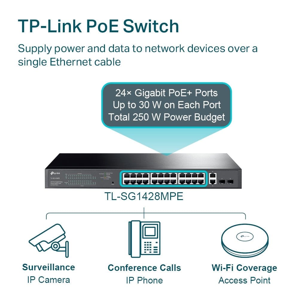 TP-Link 28-Port Gigabit Easy Smart PoE+ Switch / TL-SG1428PE - متجر نصر