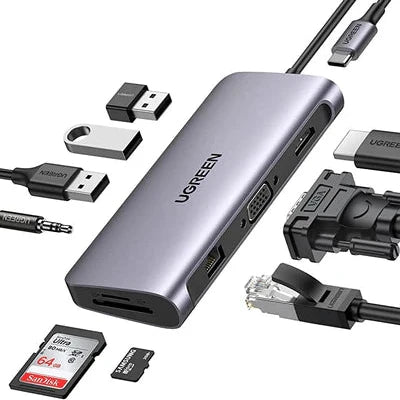 محول UGREEN USB-C إلى 3 منافذ USB 3.0 A+HDMI 4K@30Hz؛ 2K@60HZ؛ 1080P@120Hz + VGA + RJ45 + SD/TF + 3.5mm Audio + PD متعدد الوظائف (رمادي فضائي)