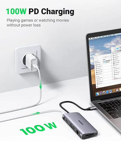 محول UGREEN USB-C إلى 3 منافذ USB 3.0 A+HDMI 4K@30Hz؛ 2K@60HZ؛ 1080P@120Hz + VGA + RJ45 + SD/TF + 3.5mm Audio + PD متعدد الوظائف (رمادي فضائي)