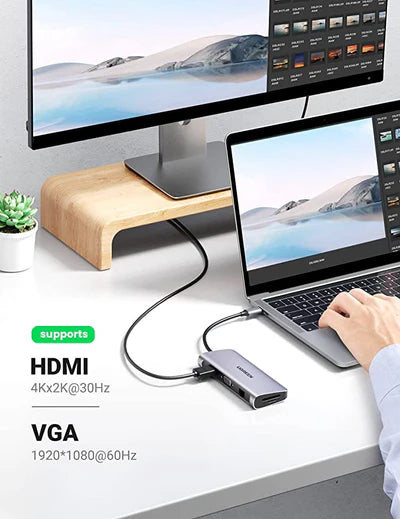 محول UGREEN USB-C إلى 3 منافذ USB 3.0 A+HDMI 4K@30Hz؛ 2K@60HZ؛ 1080P@120Hz + VGA + RJ45 + SD/TF + 3.5mm Audio + PD متعدد الوظائف (رمادي فضائي)