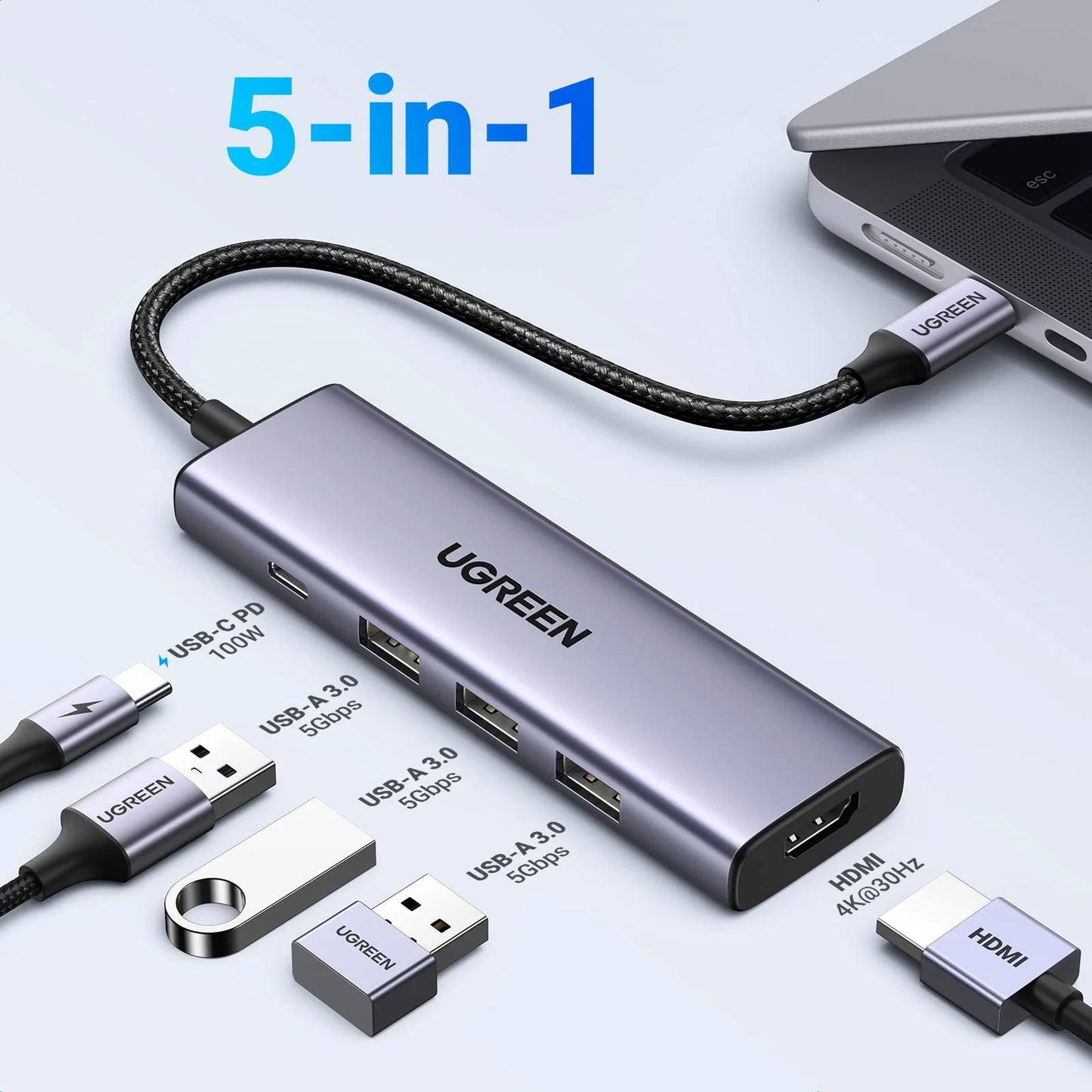 UGREEN USB-C to HDMI + 3*USB 3.0 Up To 5Gpbs + USB-C PD Power Converter Multifunction Adapter/ 15596