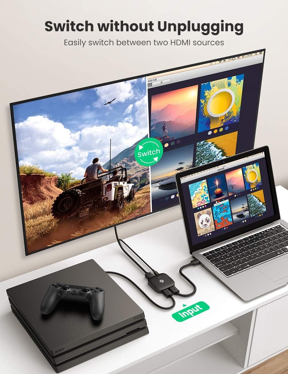 80126/ UGREEN محول HDMI 4K@60Hz 2 في 1 مخرج HDMI 2.0 يدعم سرعة عالية تبلغ 18 جيجابت في الثانية، ثلاثي الأبعاد، HDR، HDCP 2.2 - متجر نصر