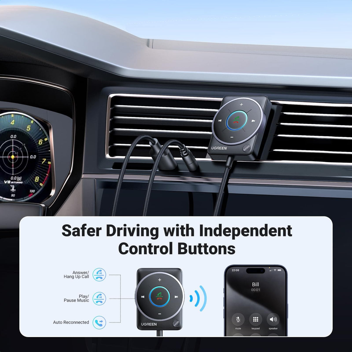 UGREEN-C Aux Bluetooth 5.4 Car Adapter with Hands-free Calls Black | CM723 - متجر نصر