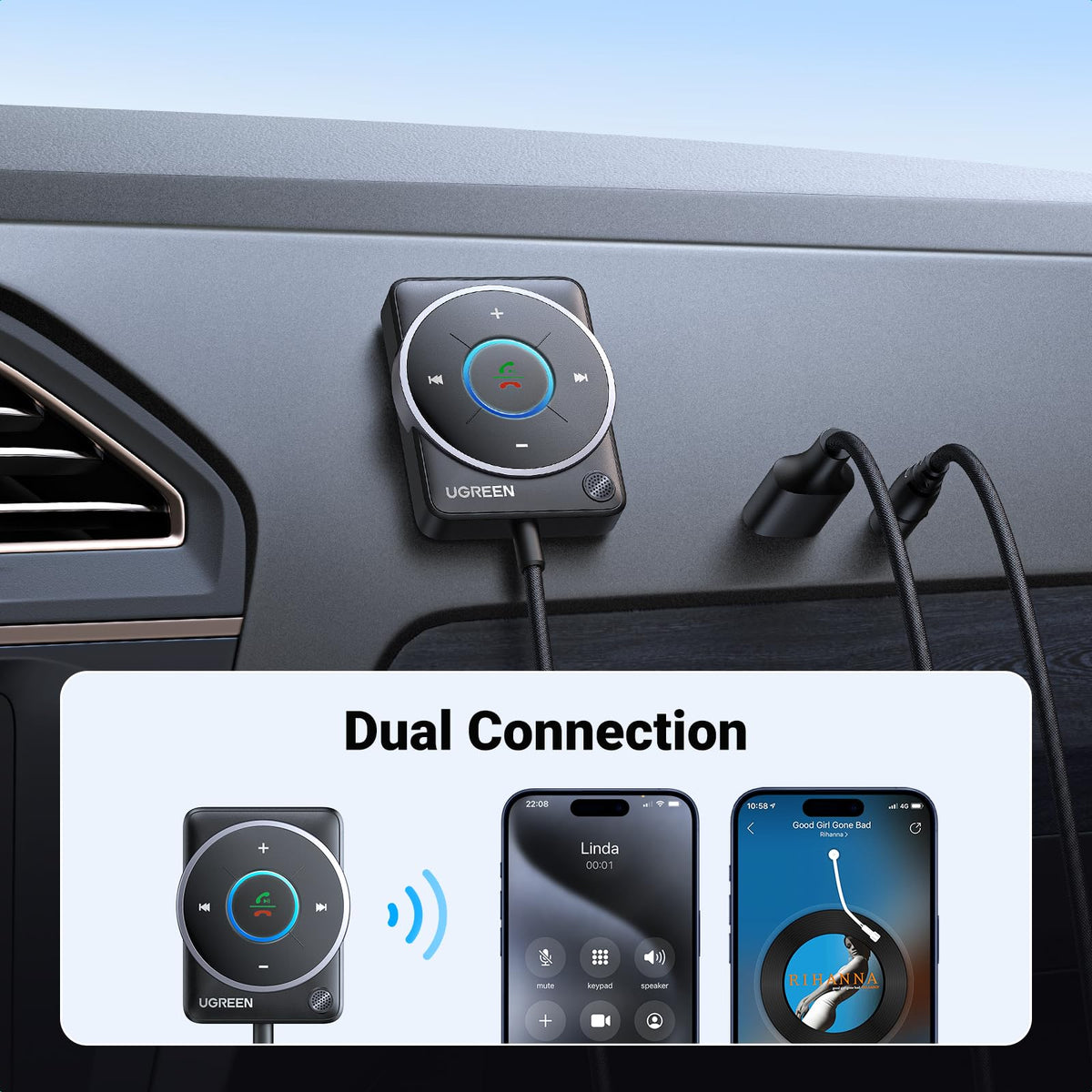 UGREEN-C Aux Bluetooth 5.4 Car Adapter with Hands-free Calls Black | CM723 - متجر نصر