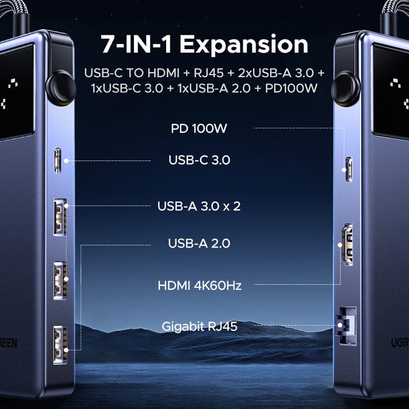 UGREEN-C Uno 7-in-1 USB-C Hub 4K@60Hz HDMI, Gigabit Ethernet, 100W PD Gray | CM888 - متجر نصر