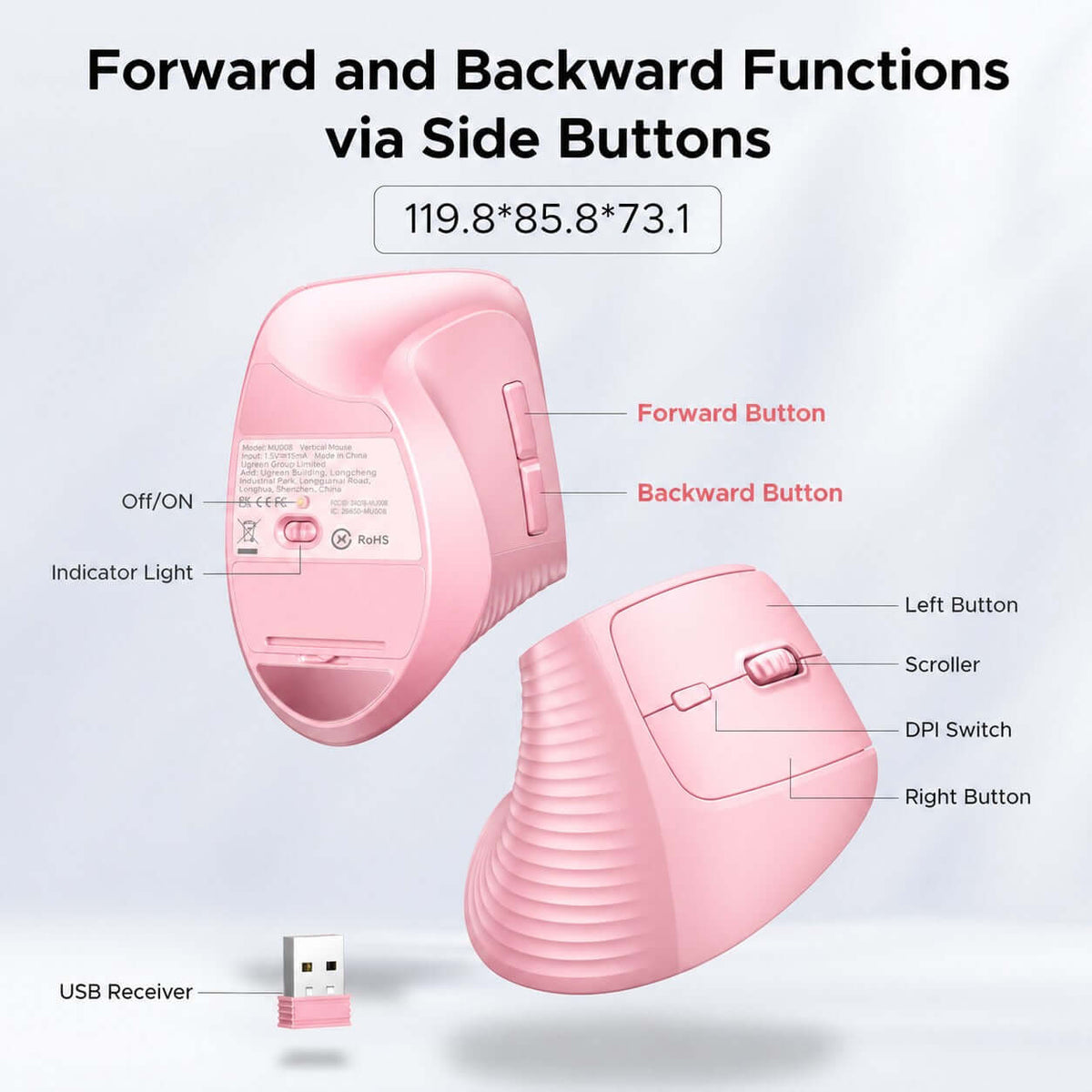 UGREEN-C Ergonomic Vertical Mouse 2.4GHz & Bluetooth Dual Mode 4000 DPI Pink | M571 - متجر نصر