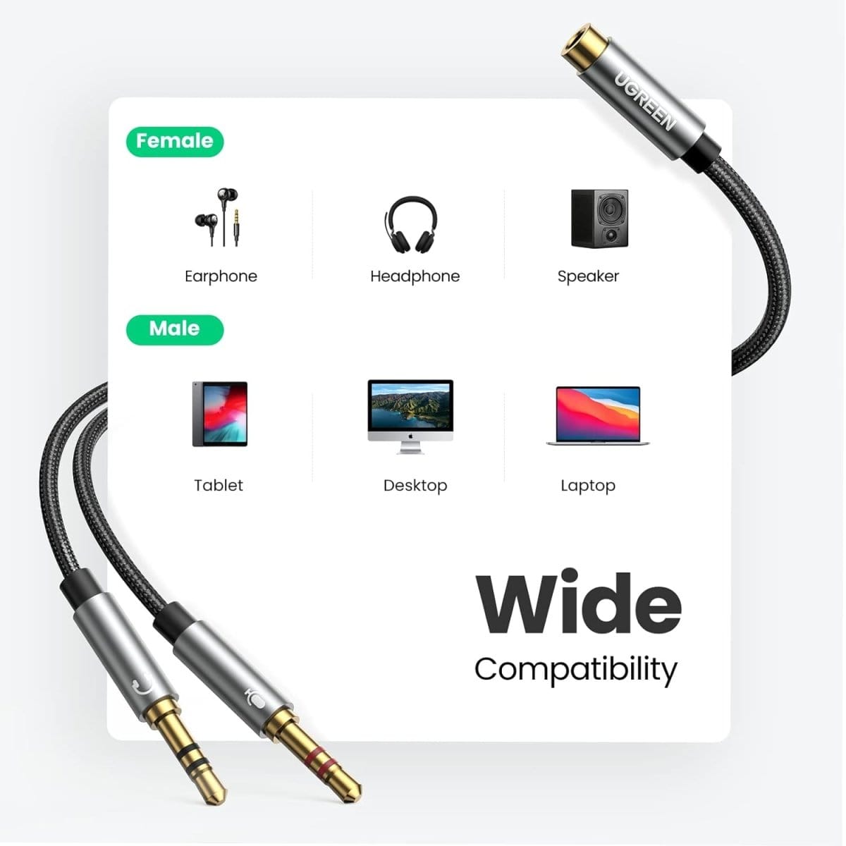 UGREEN 3.5mm Female to 2 Male Audio Cable Aluminum Case (Black)/ 20899 - متجر نصر