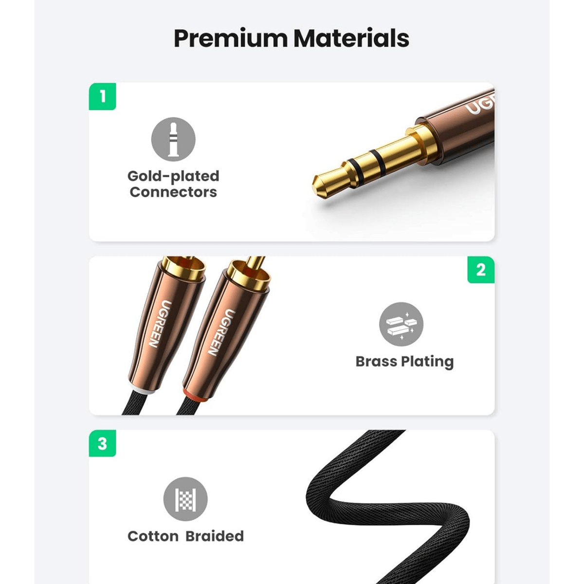 UGREEN 3.5mm Male to 2 Male RCA Stereo Audio Adapter Braided Copper Case AUX Cable /AV170 - متجر نصر