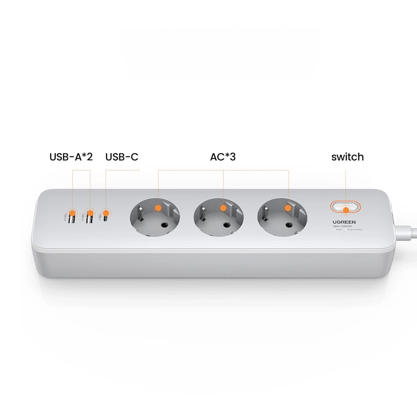UGREEN 30W 3 AC Power Strip with Master Switch (2A1C) DE | 25357 - متجر نصر