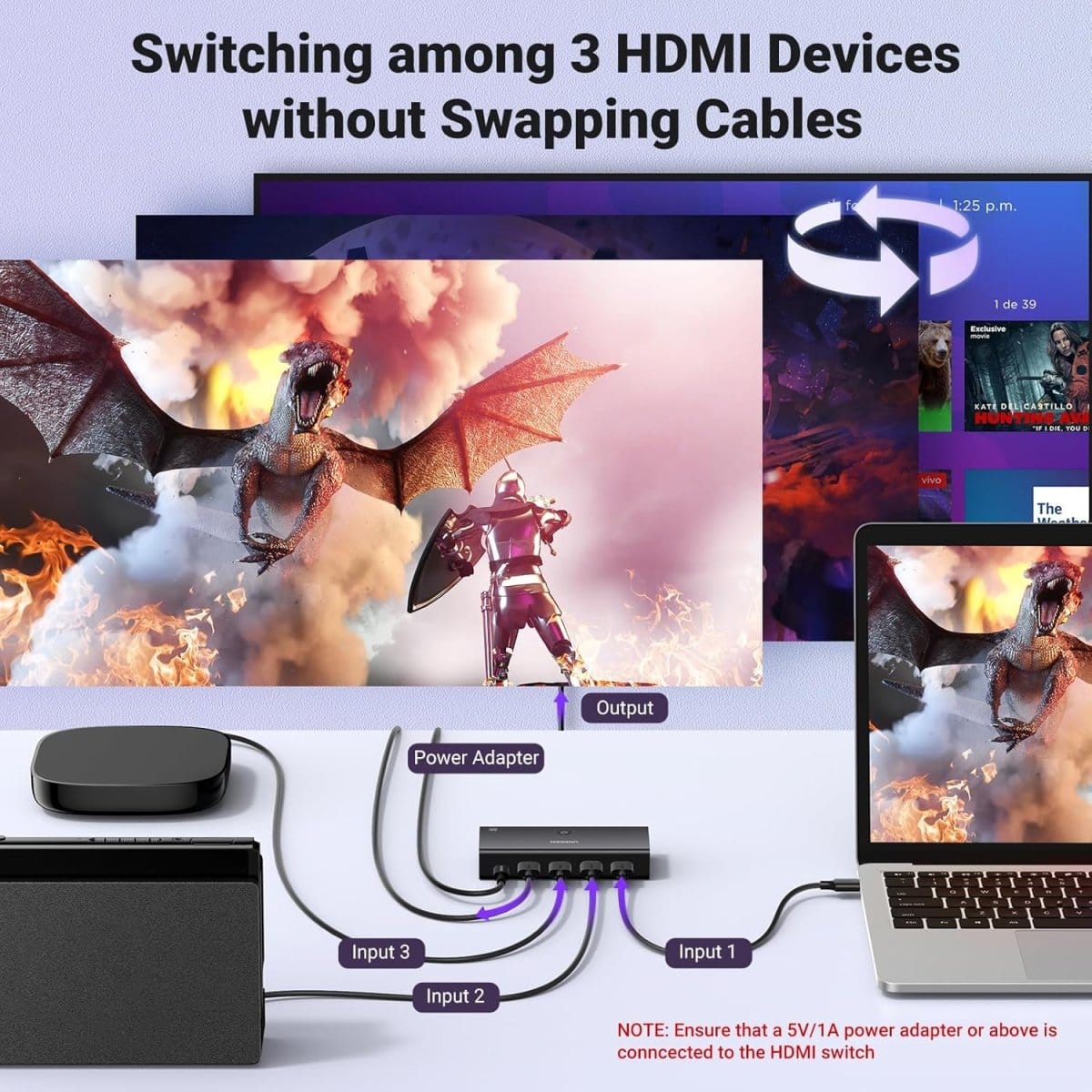 UGREEN 4K@60Hz HDMI Switch - 3 in 1 Out with Remote / 15376 - متجر نصر