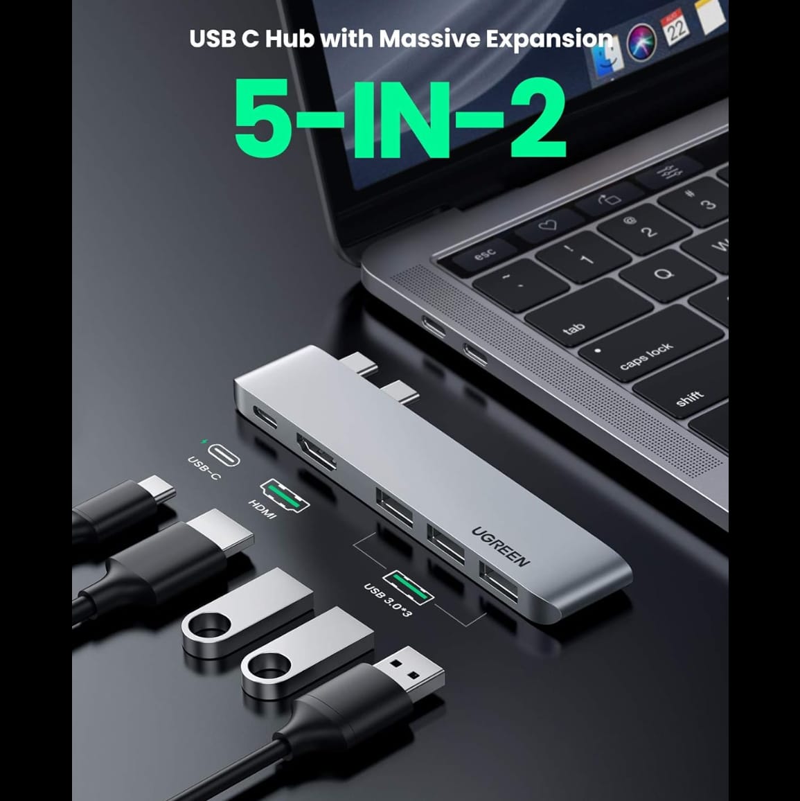 موزع UGREEN USB-C  لجهاز ماك بوك برو واير (رمادي فلكي) | 60559 - متجر نصر