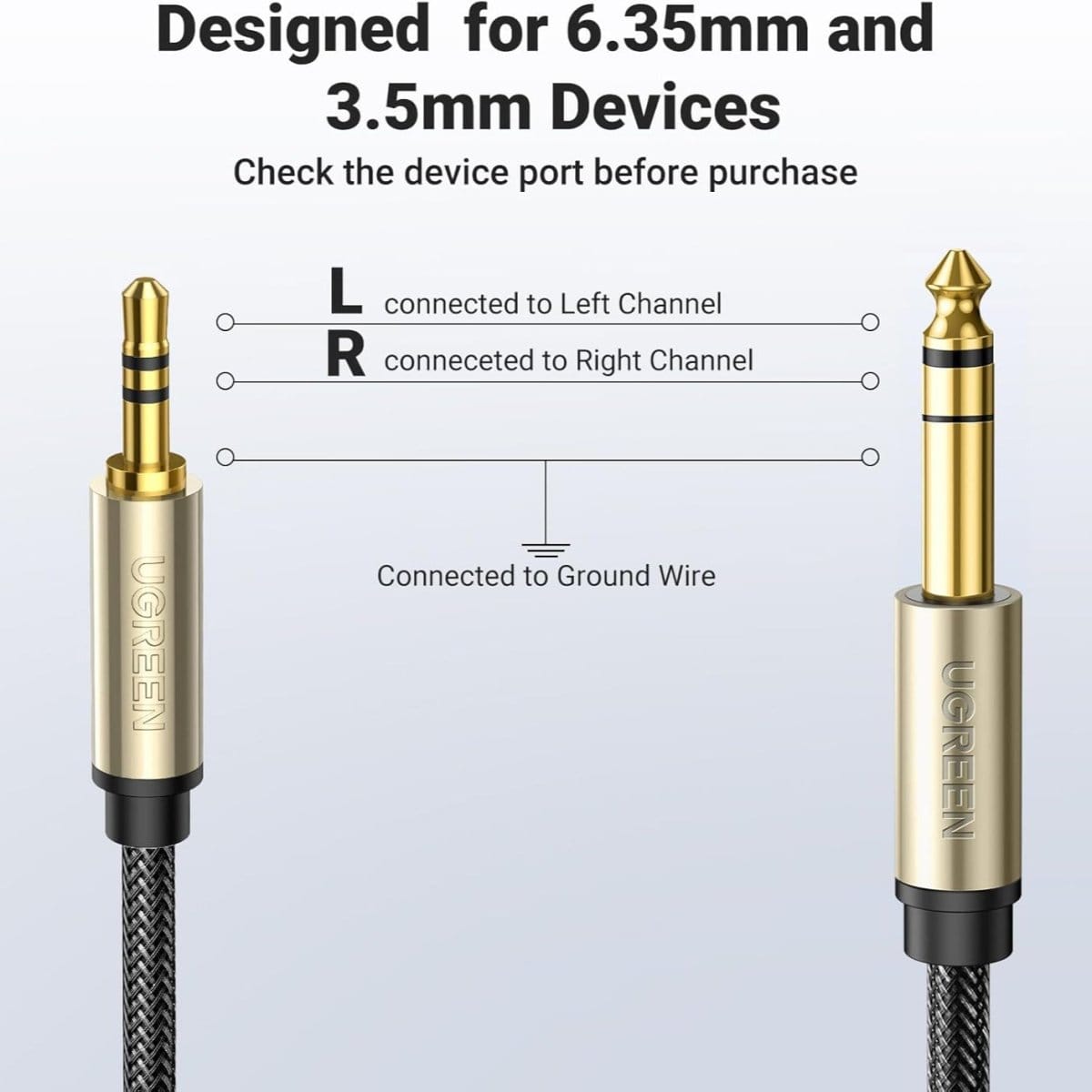 UGREEN Audio TRS Cable Mini Jack 3.5mm / Jack 6.35mm - Gray / AV127 - متجر نصر