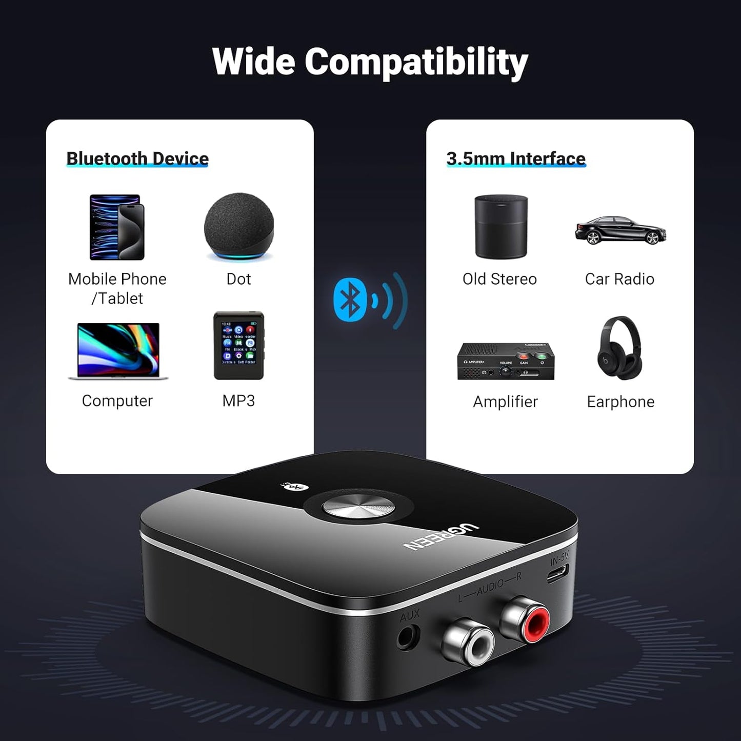UGREEN AUX Bluetooth 5.3 Receiver Adapter for A Stereo System /30445 - متجر نصر