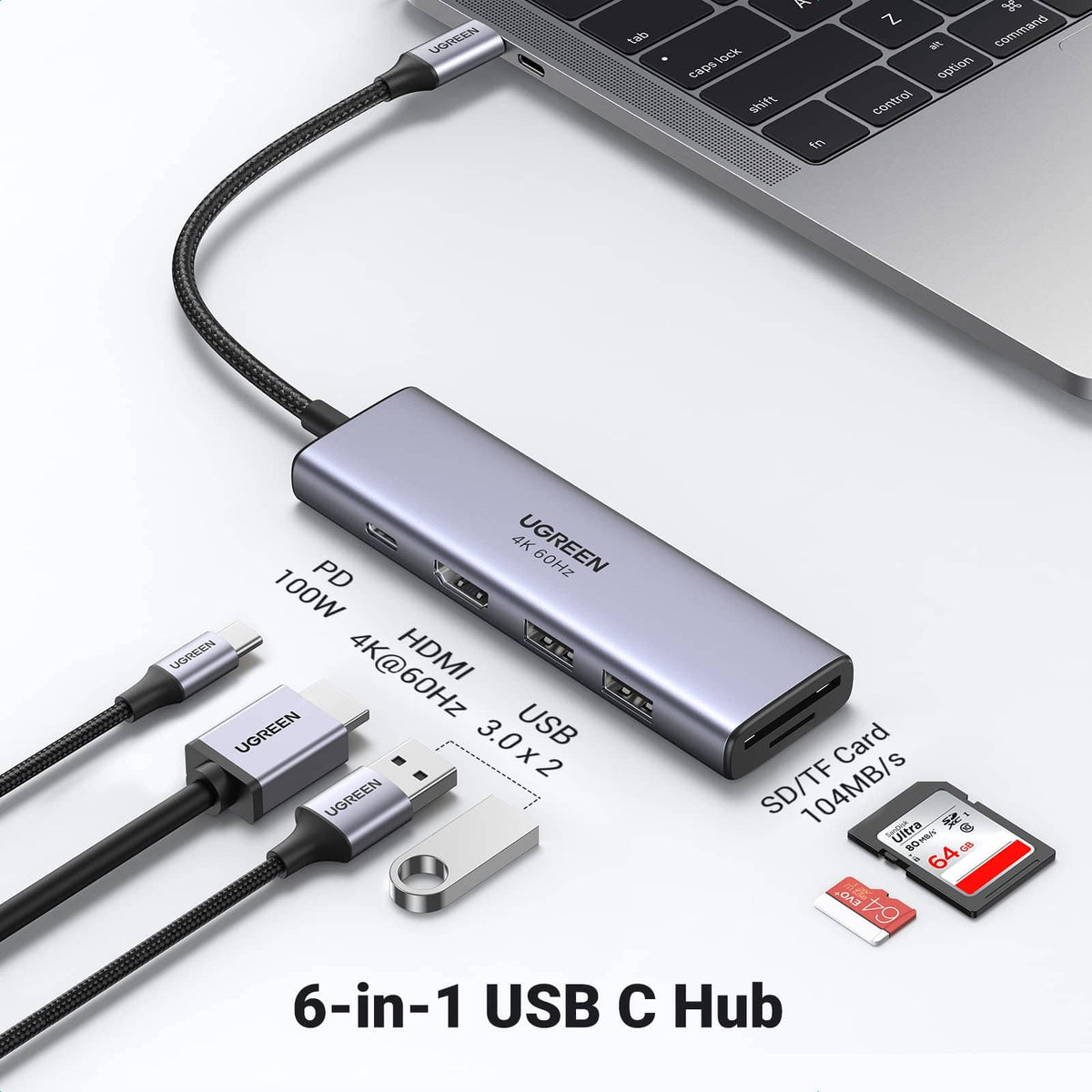 UGREEN-C 6-in-1 USB-C Hub 4K@60Hz HDMI, 2x USB 3.0, SD/TF, 100W PD | CM511 - متجر نصر
