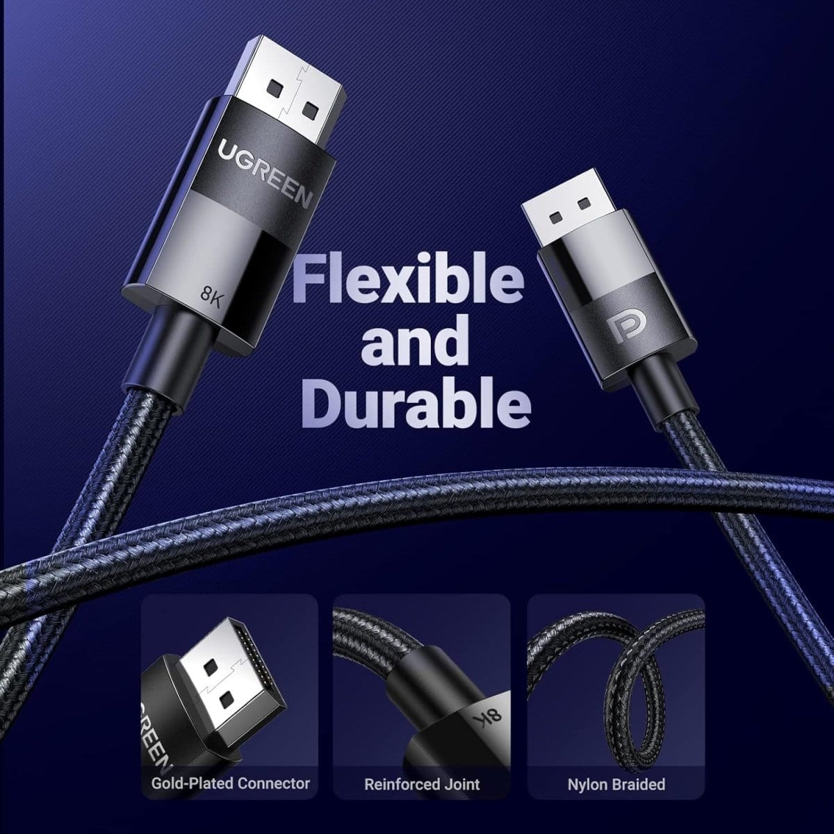 UGREEN DP Male to Male DP1.4 8K Round Cable ABS Shell Braid (Black) / DP114 - متجر نصر