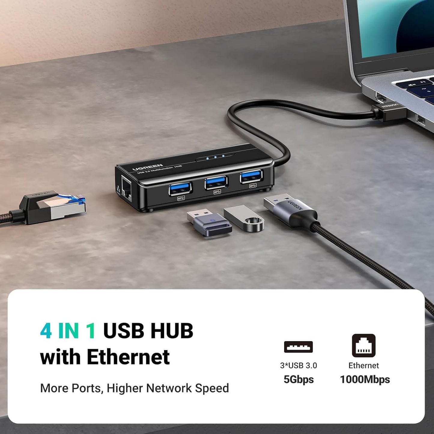موزع USB 3.0 من يوجرين مع محول جيجا ايثرنت  / 20265 - متجر نصر