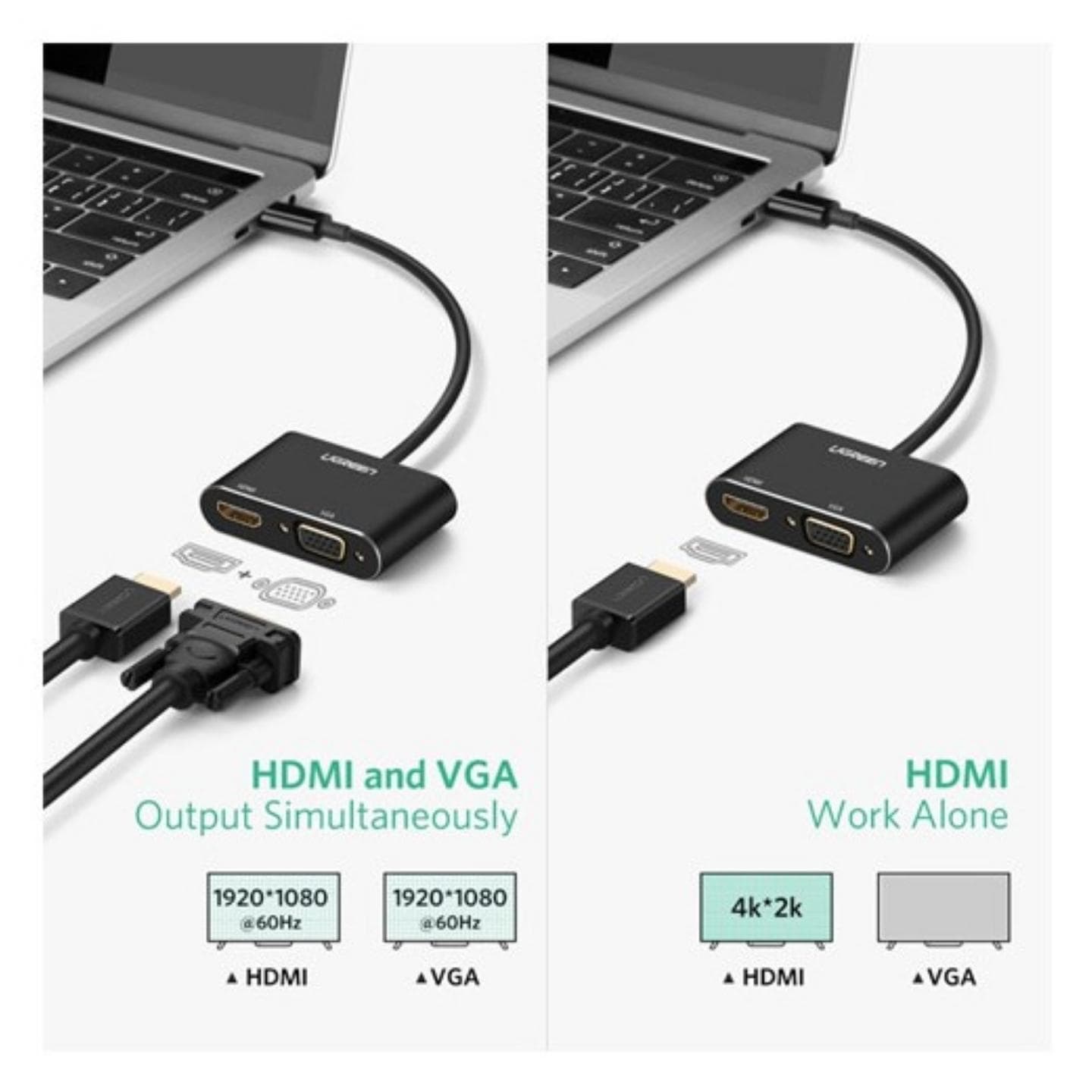 UGREEN USB-C to HDMI + VGA Adapter with PD (Space Gray) (simultaneously use)|50505 - متجر نصر