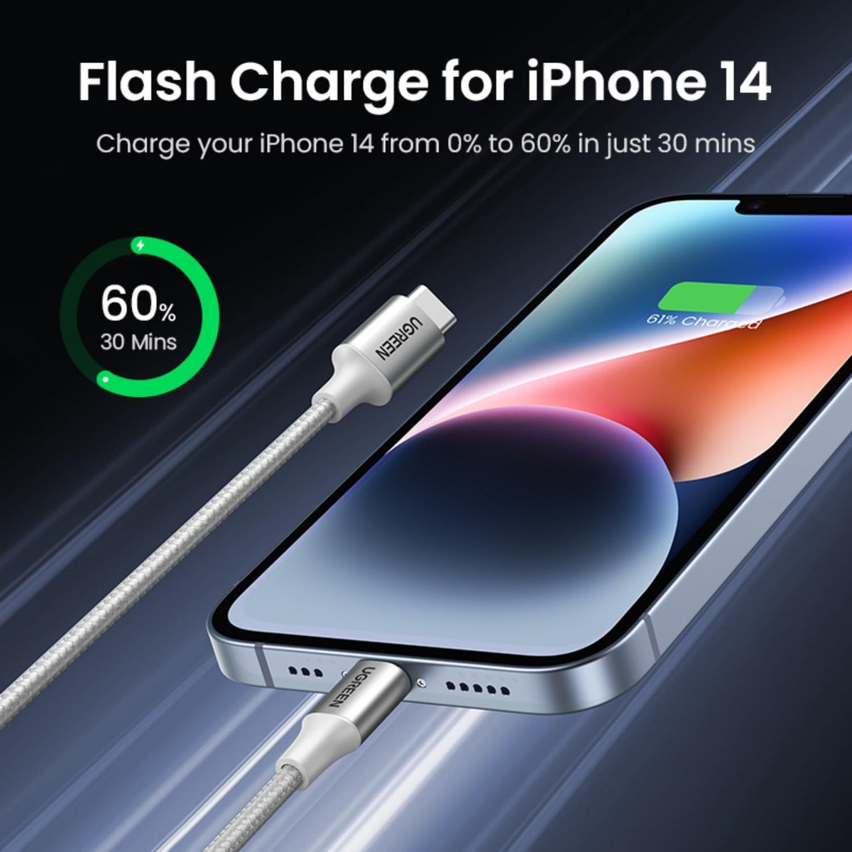 كيبل شحن سريع من UGREEN، USB-C إلى Lightning معتمد من MFi، تقنية PD، بطول 2 متر، لون فضي | 70525 - Acc - متجر نصر
