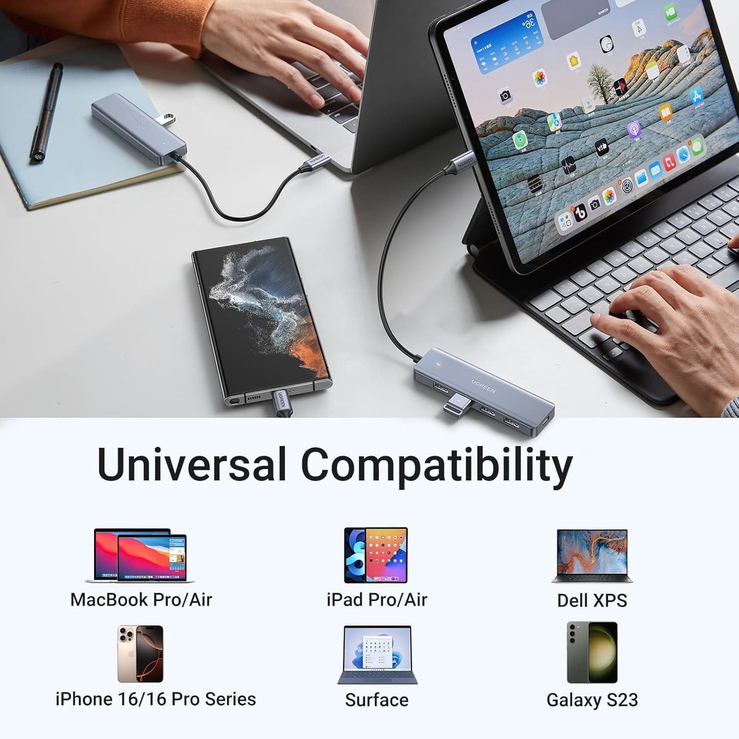 موزع يوجرين تايب سي إلى 4 منافذ USB 3.0 بسرعة تصل إلى 5 جيجابت في الثانية مع مصدر طاقة |70336 - متجر نصر