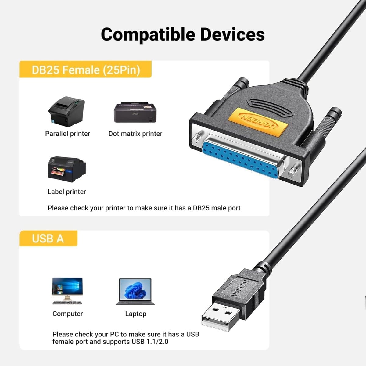 UGREEN USB to DB25 Parallel Printer Cable 2m | 20224 - متجر نصر