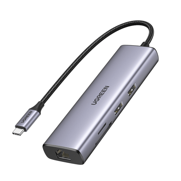 UGREEN-C 7-in-1 USB-C Hub 4K@30Hz HDMI, Gigabit Ethernet, 2x USB 3.0, SD/TF, 100W PD Gray | CM512 - متجر نصر