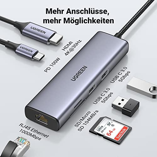 UGREEN-C 7-in-1 USB-C Hub 4K@30Hz HDMI, Gigabit Ethernet, 2x USB 3.0, SD/TF, 100W PD Gray | CM512 - متجر نصر