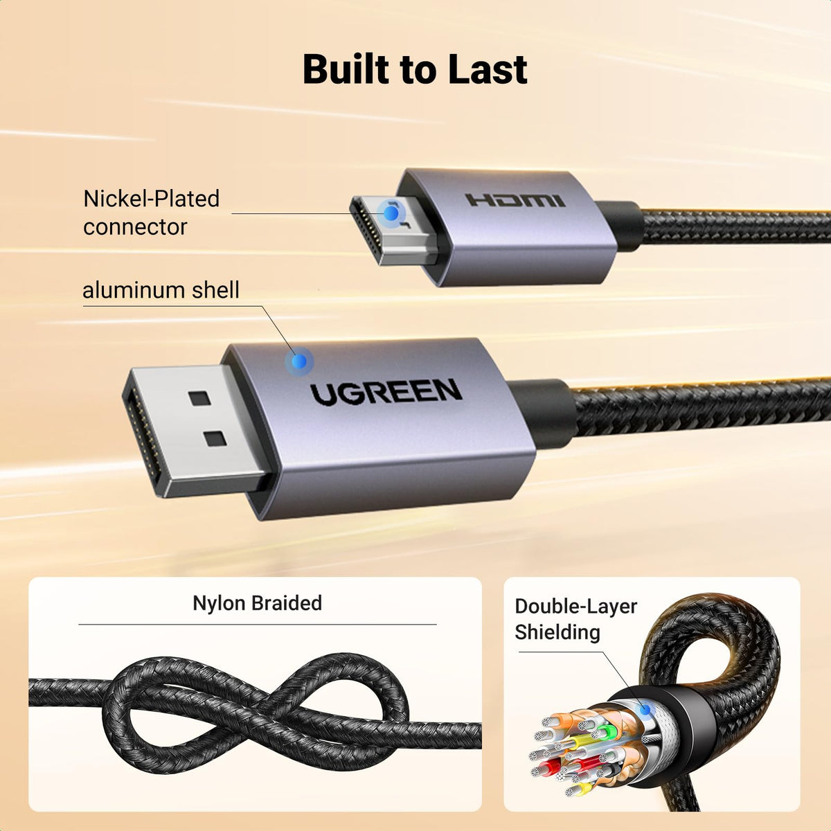 UGREEN-C DisplayPort to HDMI Cable 4K@30Hz Uni-Directional, Nylon Braided Black | DP125 - متجر نصر